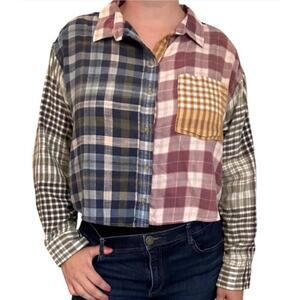 American Eagle Women's Plaid Patchwork Flannel Crop Shirt S Cozy Cabin